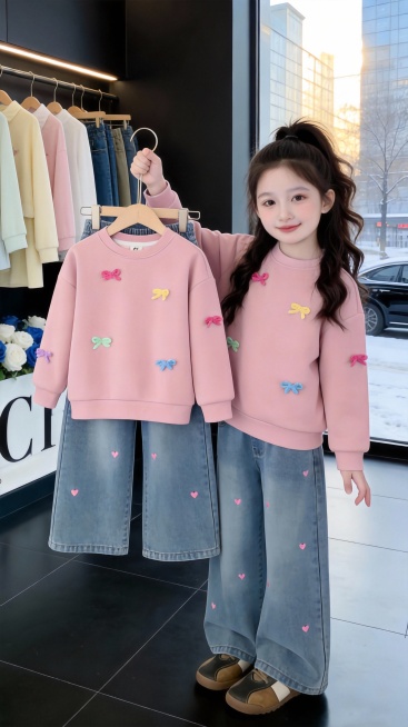 去掉图中的文字，用图1的衣服裤子替换图2的人物升上穿的衣服裤子和旁边衣架上挂着的衣服裤子，保留原场景光影，保持图2的人物的五官和发型不变，图片宽高尺寸不变，背景不变，鞋子不变，人物姿势不变，保持图1预览效果