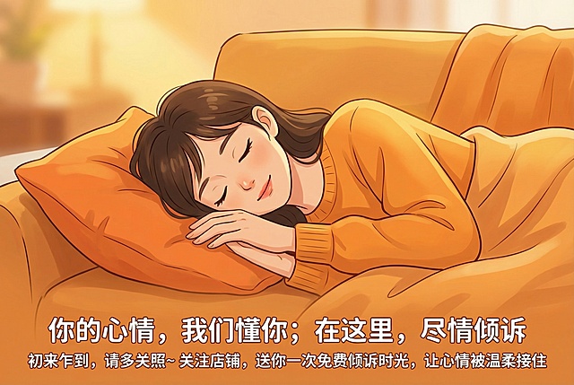 保持原画面整体内容和布局不变，更改为卡通风格，在图片下方添加文字"初来乍到，请多关照~关注店铺，送你一次免费倾诉时光，让心情被温柔接住"