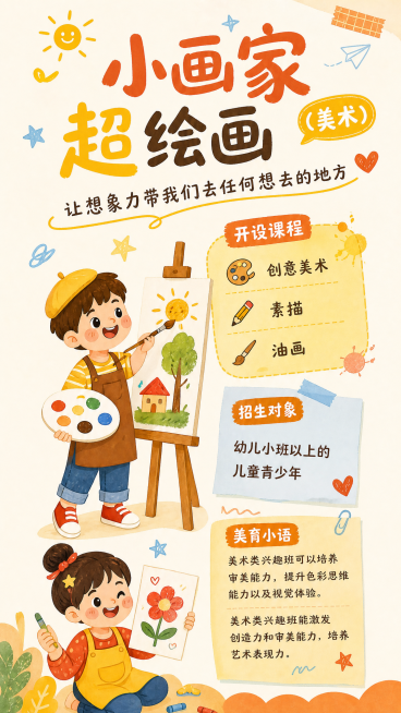 将浅黄色区域的标题文字“介绍文字”修改为“美育小语”，保持其他所有内容、风格、尺寸都不变预览效果