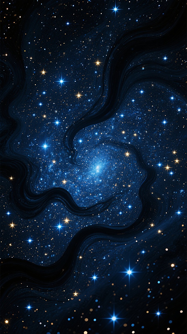 深邃的宇宙星空背景，无数闪烁的星星形成密集的星团，呈现出深蓝色调，点缀着明亮的蓝色和金色恒星，黑色的星云如同流动的曲线般蜿蜒穿梭于星群之间，整体营造出神秘而浩瀚的太空氛围，具有极高的细节和丰富的层次感，适合作为背景使用。