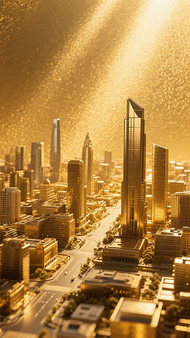 一张以金色磨砂质感为背景的城市景观设计，整体艺术风格呈现出细腻的金属质感，主色调为温暖的金黄色，色彩和谐统一。光源从斜上方照射，光线强度适中，在金属表面形成柔和的高光和细微的阴影，展现出磨砂材质特有的粗糙颗粒感和微妙的光影变化。构图采用满版布局，城市景观元素巧妙地融入金色磨砂背景中，保留金属质感的同时，清晰呈现城市的建筑轮廓、街道布局等主要视觉元素，营造出一种现代、高端且富有质感的氛围，能在短时间内让观者感受到城市与金属质感结合的独特视觉效果。