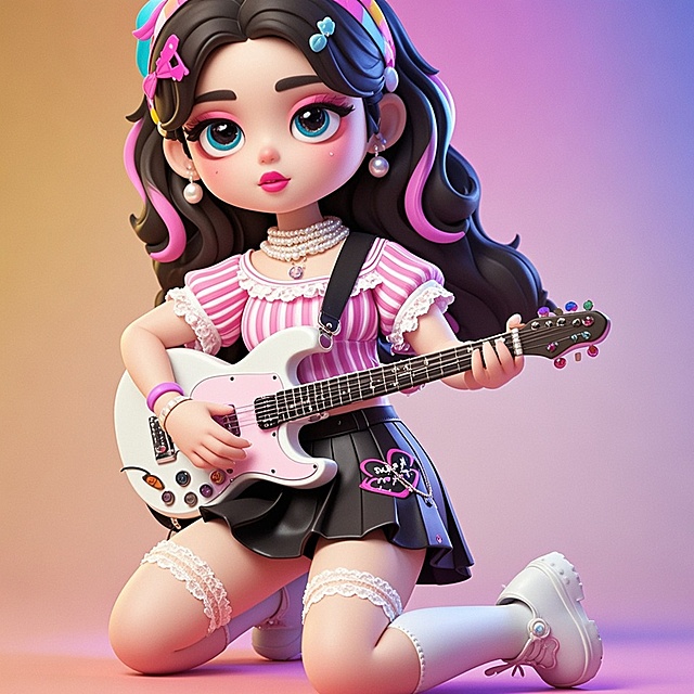 软3D风卡通少女，甜美可爱，弹奏吉他，色彩柔和，充满梦幻感。