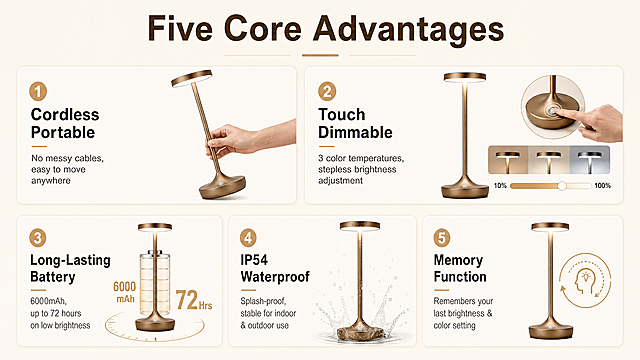 [第2屏] 本屏功能定义：亚马逊高级A+ Web端核心卖点总览，Rechargeable Cordless Table Lamps五大核心优势展示。
[氛围/风格] 简约清晰的信息展示，浅暖米色背景，干净通透，层次分明，商业设计感。
[元素布局] 整体采用上标题下分块布局，顶部居中放置主标题，下方分为五个卡片区域分层展示卖点，每个卖点卡片结合产品细节图或图标示意。保持产品钛金色质感和结构与输入产品图一致，卡片之间留有适当间距，整体排版疏朗不拥挤。
[光影质感] 均匀柔和光线，每个卡片区域光线一致，文字和图片都清晰可读，无明显硬阴影。
[配色色系] 全局底色：#F5F0E6（浅暖米色）；卡片背景：#FAF6F0（浅米白）；文字：#333333（深棕色）；强调色：#B48A55（钛金色）。
[视角构图] 平面信息构图，顶部标题，下方分两排展示五个卖点卡片，上排两个大卡片，下排三个中等卡片，保持整体平衡。
[文字版式] 顶部主标题"Five Core Advantages"，首字母大写，棕色字体，居中。每个卖点卡片包含标题+简短描述：
1. "Cordless Portable" - No messy cables, easy to move anywhere
2. "Touch Dimmable" - 3 color temperatures, stepless brightness adjustment
3. "Long-Lasting Battery" - 6000mAh, up to 72 hours on low brightness
4. "IP54 Waterproof" - Splash-proof, stable for indoor & outdoor use
5. "Memory Function" - Remembers your last brightness & color setting
文字清晰，每个卡片标题加粗，描述字体稍小，所有文字英文，无中文字符。
[比例分辨率] 970×1300px以内，约61:25宽高比，4K分辨率，文字清晰可辨。
[负向提示词] 文字拥挤，卡片重叠，产品变形，颜色偏差，文字错乱，水印，中文字符，价格信息，引导好评，站外导流。
