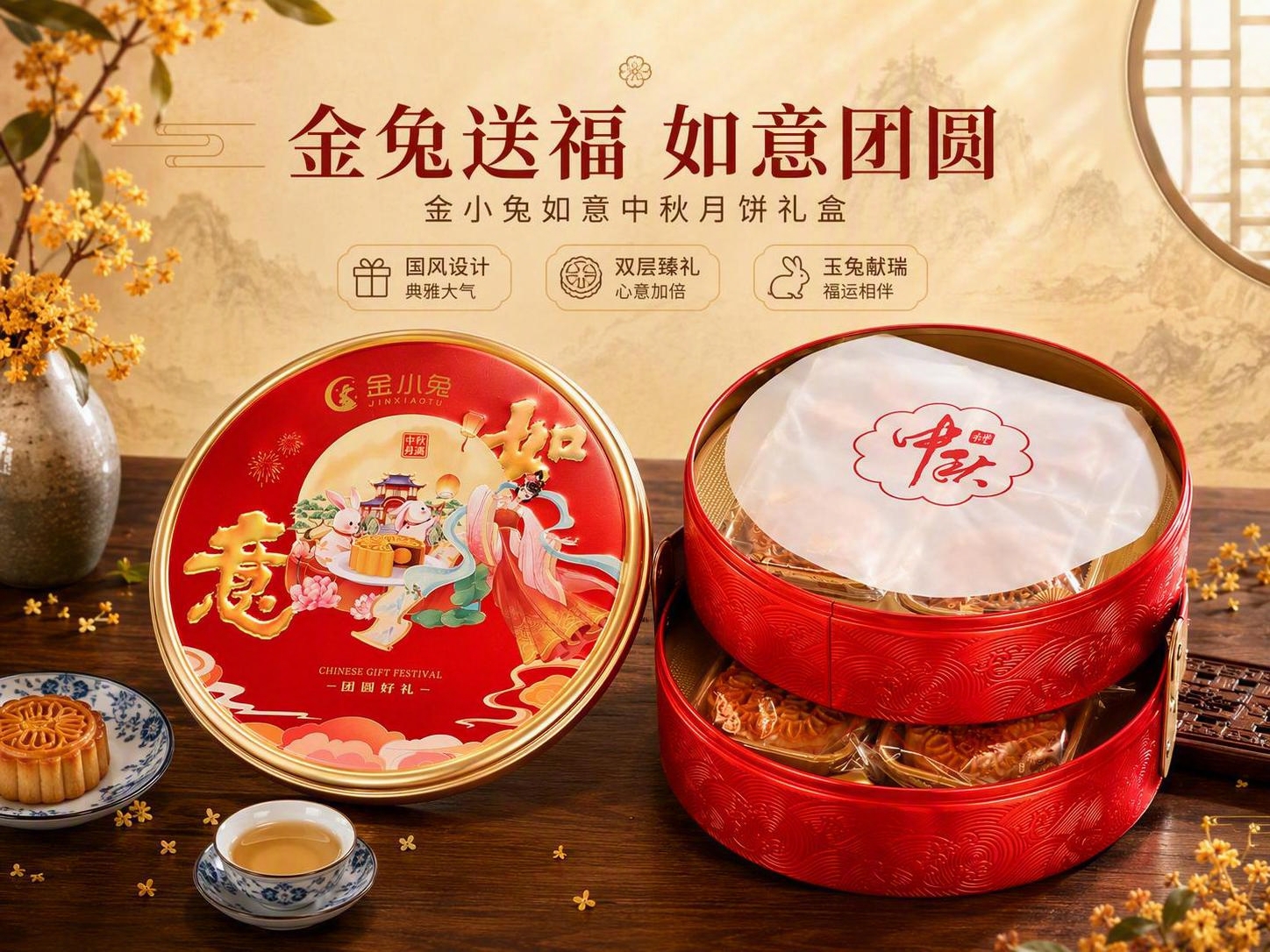 [商品] 使用【图1】金小兔如意中秋月饼双层圆形红色铁罐礼盒；… - 图片创意预览