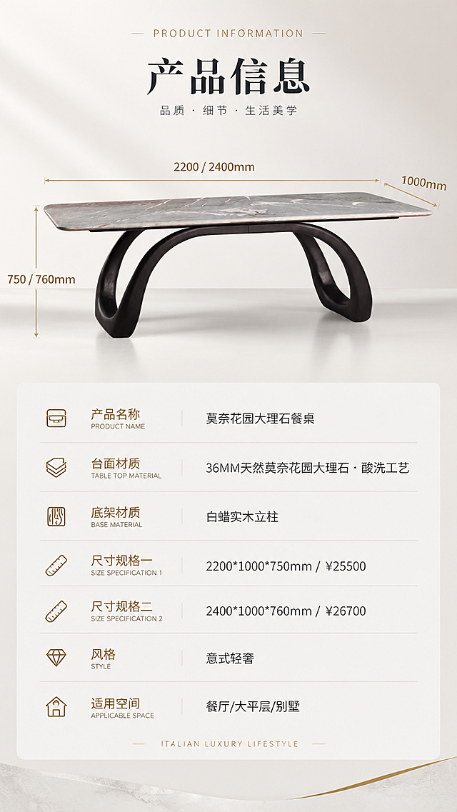 [商品] 使用【图1】莫奈花园大理石白蜡木餐桌；保留产品完整结构、材质和比例；产品侧视/正视角度展示，用于参数页配图。
[画面] 目标：产品信息参数页，收口全套规格信息。构图：上下分区，上方约2/5为餐桌正侧视展示图，带尺寸引线标注（长、宽、高），产品居中，占画面约50%；下方约3/5为详细参数表格区；背景为暖白浅灰渐变，简洁专业。
[视觉] 套系策略：风格=高端意式轻奢商业摄影；标题字=现代极简衬线粗体；正文字=简洁无衬线体；主色=暖白+浅灰；背景延展=基于暖白浅灰做深浅层级、同色渐变和细腻石材/乳胶漆质感；强调色=香槟金，仅用于小面积图标、引线、标签和金属装饰；标题色=深炭灰；正文色=中暖灰；组件=细线信息卡、香槟金引线、极简icon；光影=左前侧暖柔自然光，柔和阴影，台面有自然反光。
[文字] 顶部标题"产品信息"（4字）；餐桌图有长宽高引线标注；下方参数表包含：产品名称（莫奈花园大理石餐桌）、台面材质（36MM天然莫奈花园大理石·酸洗工艺）、底架材质（白蜡实木立柱）、尺寸规格一（2200*1000*750mm / ¥25500）、尺寸规格二（2400*1000*760mm / ¥26700）、风格（意式轻奢）、适用空间（餐厅/大平层/别墅）；参数表排版清晰，手机端可读。
[规格] 图片比例9:16竖版，4K，负向提示：避免变形、错字、文字过小、冷蓝背景、参数错误、绝对化用语、二维码、水印。