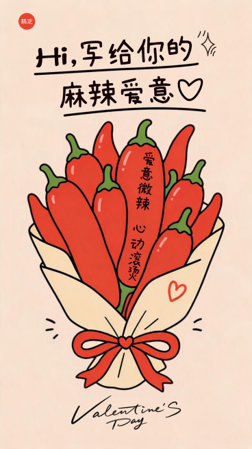 520情人节插画风手账设计辣椒花束火锅餐饮祝福海报预览效果