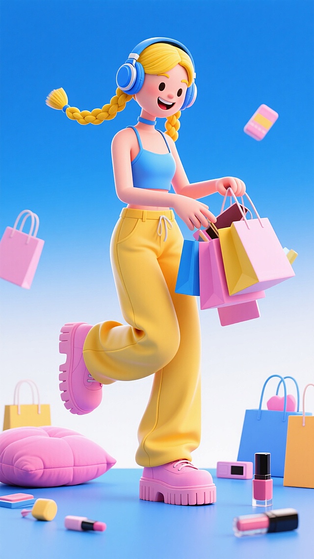 潮酷个性女生，黄色辫子戴蓝色耳机，穿蓝色吊带、黄色阔腿裤，正在打开包开心地查看买的东西，脚踩粉色厚底鞋。周围有购物袋、粉色坐垫，散落化妆品，背景蓝白渐变