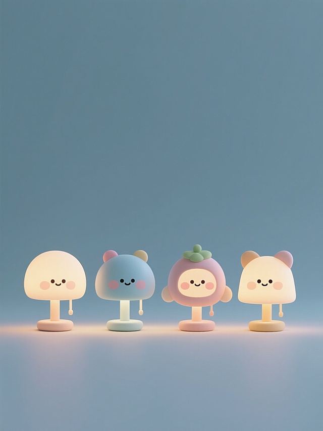 4个不同样式、不同配色、不同风格的卡通台灯，采用圆润可爱的3D立体造型，柔和细腻的哑光材质，温暖柔和的光影效果，单个台灯尺寸小巧精致，整体设计充满童趣与温馨感，排列整齐地放置在纯色背景上，每个台灯都有独特的造型设计和专属配色方案，风格各异又保持整体的和谐统一，视觉上简洁明快，细节处精致可爱。