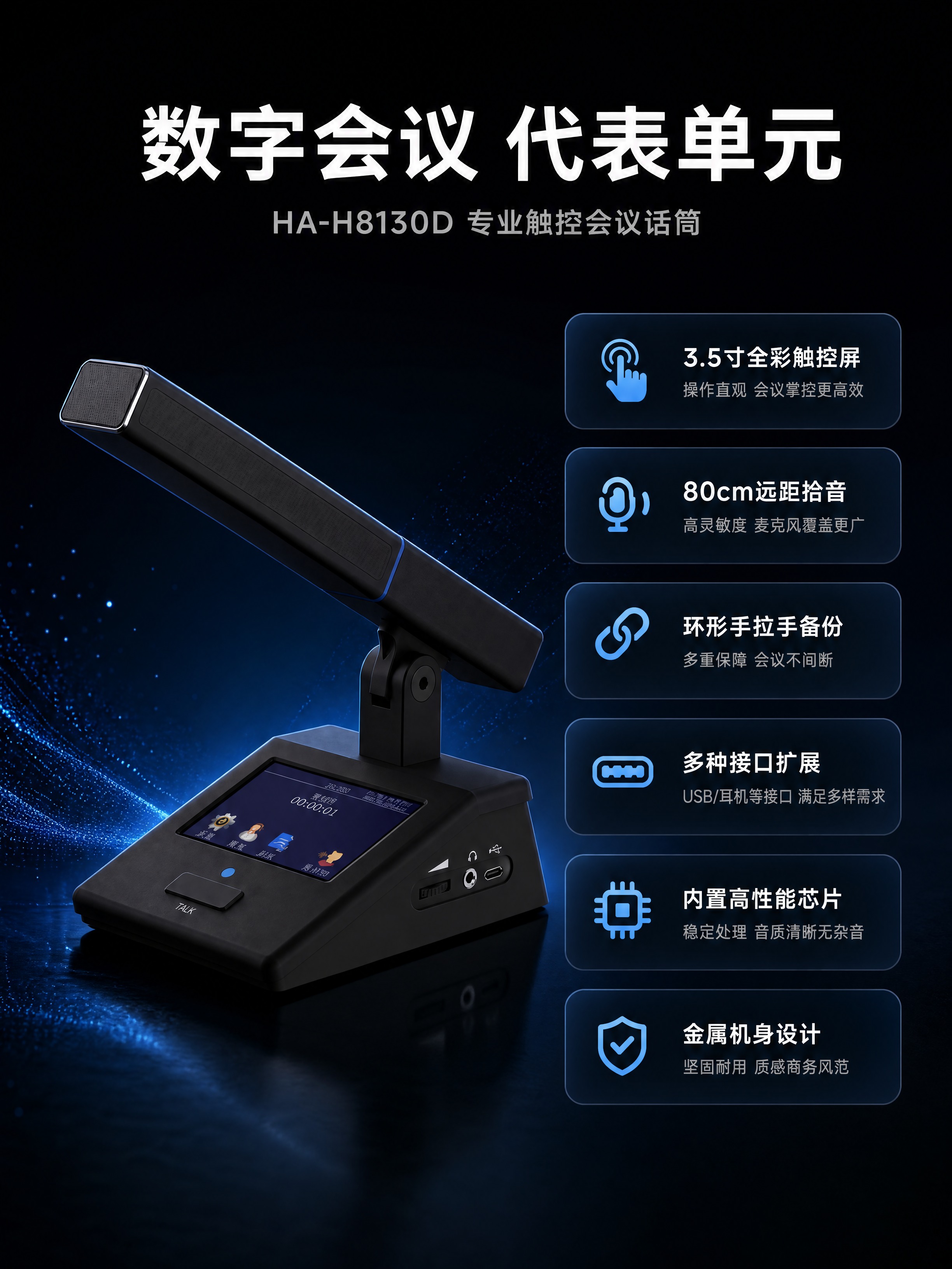 黑色会议话筒产品展示图，左侧产品大图，右侧6个深蓝色圆角卡片竖… - 图片创意预览