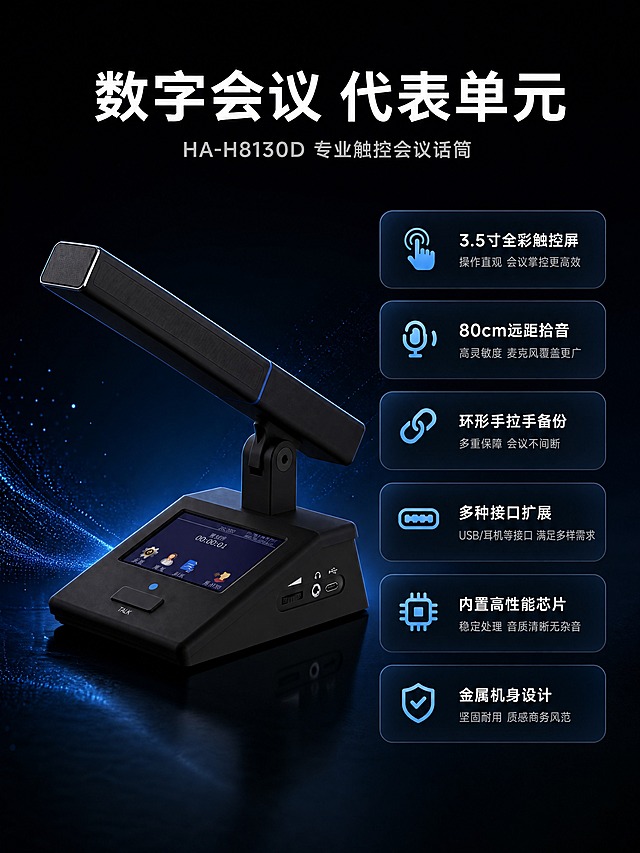 黑色会议话筒产品展示图，左侧产品大图，右侧6个深蓝色圆角卡片竖向排列，每个卡片有蓝色小图标和白色文字说明。背景为深黑色渐变带蓝色微光粒子效果。顶部白色大字标题和灰色副标题。整体为专业商务科技风格，黑蓝配色，无红色。3:4竖版构图，商业摄影质感，产品清晰，文字横向排版易读。