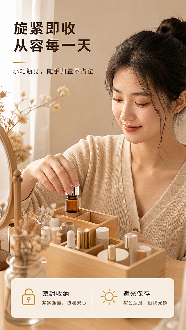 [商品] 使用【图2】同一款棕色小容量玻璃精油瓶（完整组装款，暖色氛围）：保留琥珀棕玻璃瓶身、银色金属质感瓶盖、白色内塞、圆柱矮胖瓶身和螺纹瓶口；瓶身无文字无Logo，不得新增标签；不改变瓶身形状、颜色和瓶盖结构。
[画面] 页面目标=人物真实使用场景，展示日常收纳与取用；构图=亚洲女性半身像（肩线以上），坐在暖调梳妆台前，右手旋紧瓶盖后将瓶子放入木质收纳格，动作目标明确；产品与手部同框清晰，占画面50%-60%；景别=中景偏近；背景=暖米色墙面、梳妆台、干花和柔和窗帘光；阅读动线=顶部标题→人物动作→底部信息条。
[视觉] 套系策略：风格=自然极简高端生活感商业摄影；标题字=现代圆润黑体；正文字=简洁无衬线体；主色=琥珀棕；背景延展=暖米色、浅沙色与细腻纸感肌理的深浅渐变；强调色=暖金色，仅用于小面积图标和标签；标题色=深咖棕；正文色=暖灰棕；组件=圆角浅米信息条、细线引线；光影=暖侧光自然柔光。
[文字] 主标题“旋紧即收 从容每一天”，副标题“小巧瓶身，随手归置不占位”；信息点2条：密封收纳、避光保存；全部横向排版，标题在左上，信息条在底部，不遮挡人物面部和产品。
[规格] 9:16竖版，1080x1920，4K，medium；负向提示：禁止竖排或旋转文字、错字、变形、瓶盖结构改变、冷蓝或冷灰背景、平台logo、水印、虚构标签；人物动作自然真实。