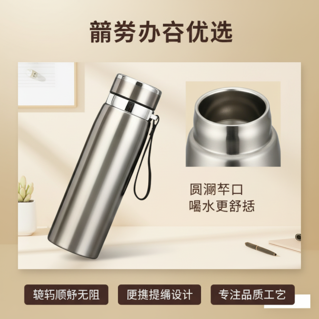 这张图片是产品主体这款产品是真空吊带壶  我需要设计20张主图在拼多多上面售卖   等背景元素 整体色调暖色，显得高级一些  主图文案内容 长效保温保冷 多种容量 不锈钢材质  圆润杯口 喝水更舒适预览效果