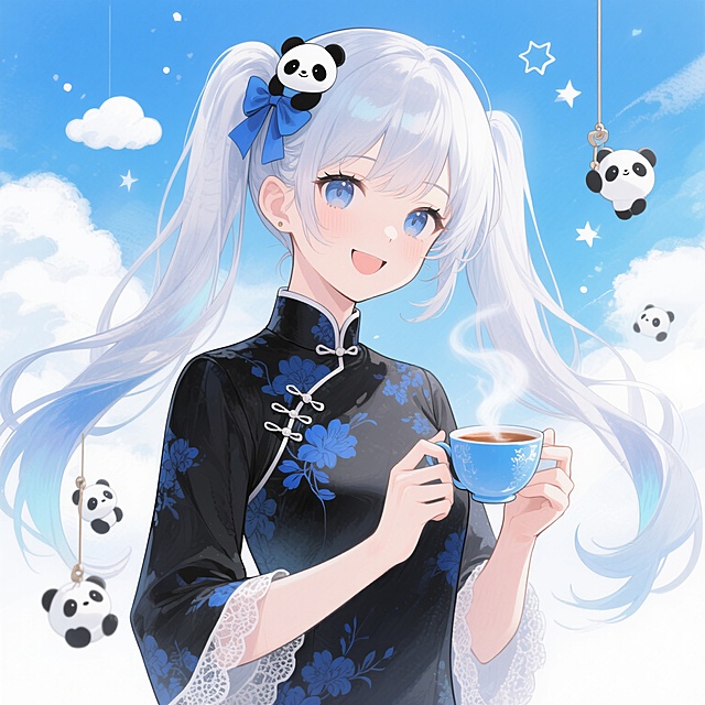 二次元动漫风格美少女插画，整体采用蓝白渐变色调，柔和的光影效果，高光表现细腻，透明水彩质感的笔触，画面构图饱满。少女拥有银白色渐变长发，扎成双马尾，发间系着蓝色蝴蝶结和黑色熊猫发饰，发丝飘逸灵动。她身着带有蓝色花纹的黑色旗袍式服装，袖口和领口有精致蕾丝花边。少女微微歪头，嘴角上扬露出温柔甜美的笑容，眼神明亮充满活力，双手捧着一个冒着热气的蓝色茶杯，姿态优雅自然。背景是梦幻的蓝天白云，点缀着白色云朵和星星图案，周围有可爱的白色小熊猫挂件漂浮。整体氛围清新治愈，充满少女心，视觉层次分明，主体突出，细节丰富。