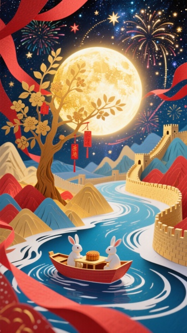 梦幻风格，底部有一艘小船漂浮在蓝白色流光河流上，船中设有一张桌子，两侧对坐两只玉兔，正在分享月饼。小船周围扩散出漩涡状的星空，飘动的红色丝带与绚丽的红色烟花交织盘旋，中央是一轮巨大的发光满月，一棵辉煌预览效果