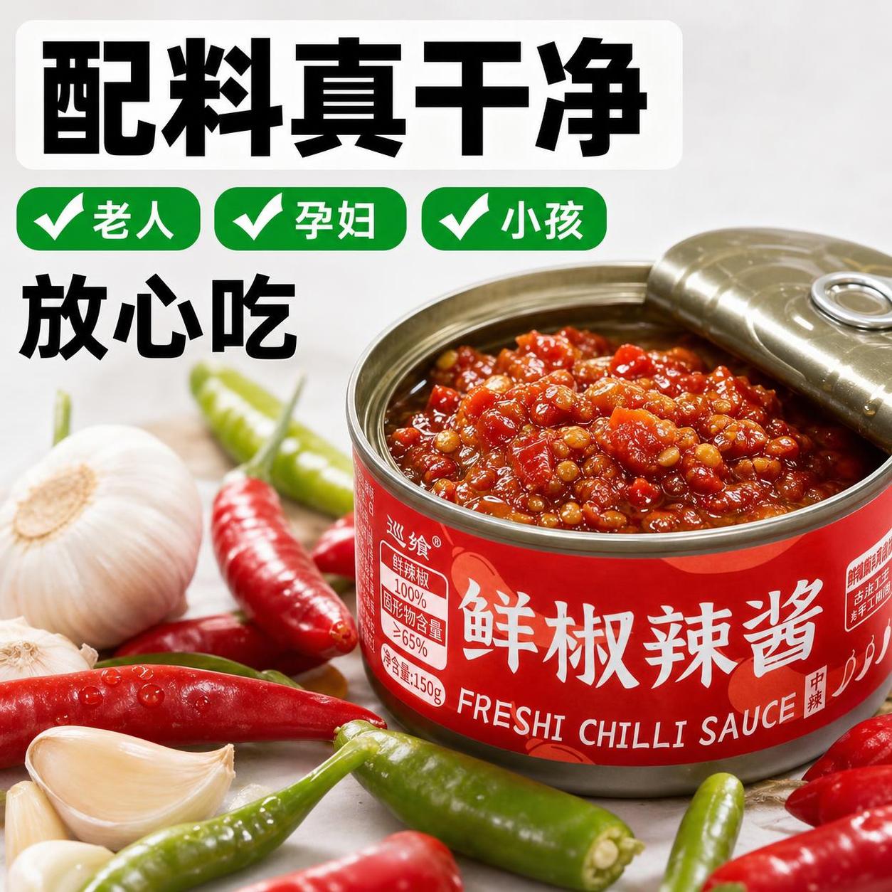 [主图-2] 巡飨牌鲜椒辣酱卖点图，突出配料干净核心优势；[氛… - 图片创意预览