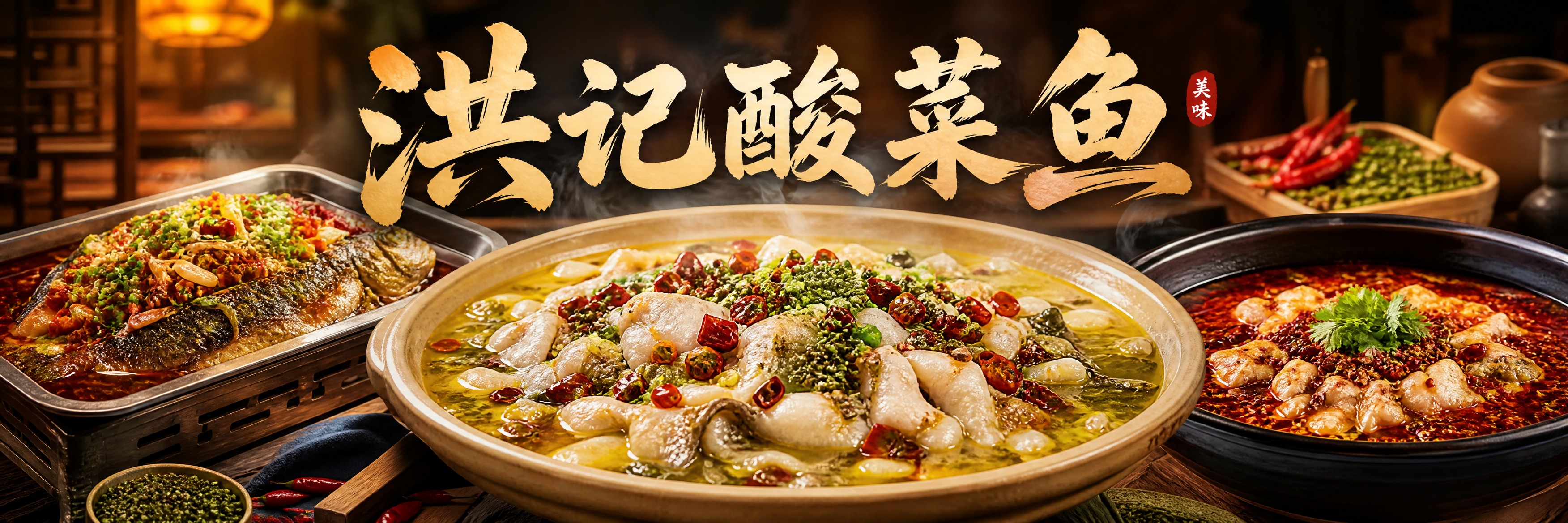 洪记酸菜鱼餐饮海报横幅设计，写实风格，画面主体是一大盆冒着热气… - 图片创意预览