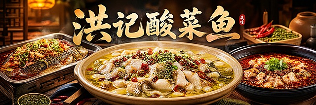 洪记酸菜鱼餐饮海报横幅设计，写实风格，画面主体是一大盆冒着热气的酸菜鱼，鱼肉白嫩，汤色金黄红亮，上面铺满红辣椒和青花椒，旁边搭配烤鱼和水煮鱼菜品，色泽诱人，美食摄影质感，上方有醒目的"洪记酸菜鱼"书法字体标题，整体氛围温暖有食欲，横幅构图，没有优惠字眼，没有地址电话，专业餐饮海报设计