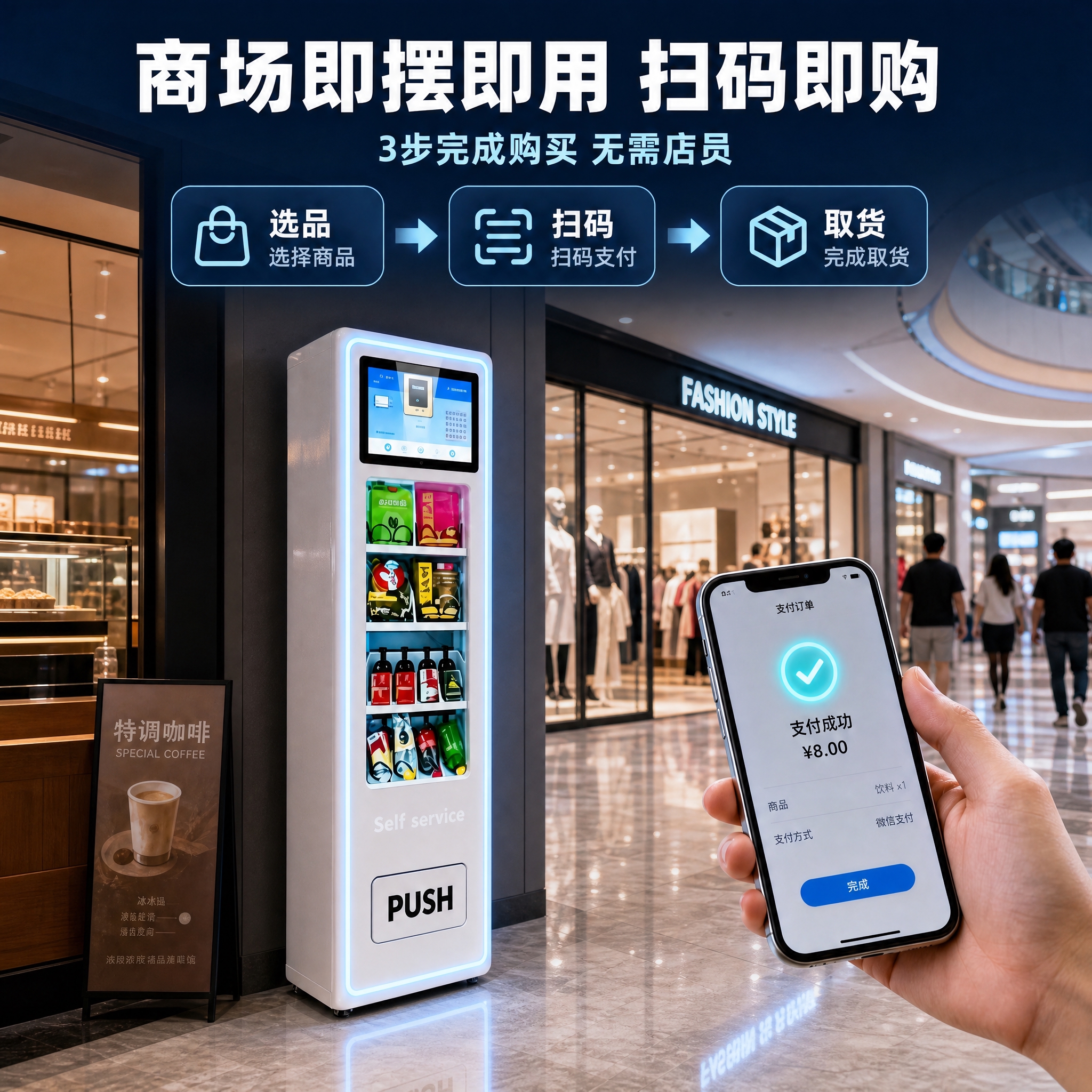 [主图-4] 场景与使用体验，修正主体比例，展示单台售货机商场… - 图片创意预览