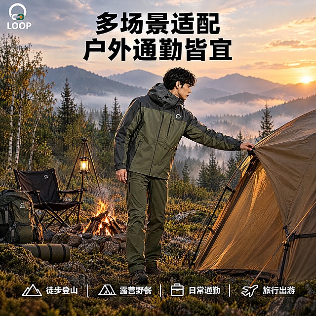 [主图-3] 场景延展图：多场景户外穿搭
[统一基调] 高级户外编辑风，军绿+深灰+冷白配色，粗黑体大字标题，白色主文案，品牌Logo放左上角，整体冷色调专业户外质感
[画面] 同一位男模特穿着同款冲锋衣，在户外露营场景中，背景有帐篷、篝火堆、折叠椅等露营装备，模特正伸手整理帐篷，动作自然有活力。整体氛围是山野露营的松弛感，背景是森林和远山。冲锋衣颜色款式与参考图完全一致。
[光影质感] 黄昏暖调自然光，露营氛围灯点缀，柔和温暖，面料质感真实，商业摄影级高清
[配色] 军绿深灰为主，暖棕+墨绿露营场景色，白色标题文字，暖橙色氛围点缀
[文字版式] 左上角路普LOOP品牌Logo；画面上方大标题"多场景适配 户外通勤皆宜"；下方横向排列四个场景标签图标："徒步登山"、"露营野餐"、"日常通勤"、"旅行出游"，每个标签配简约图标，文字白色清晰
[输出要求] 1:1正方形，2K分辨率，文字清晰，产品细节清楚，无变形错字，无水印