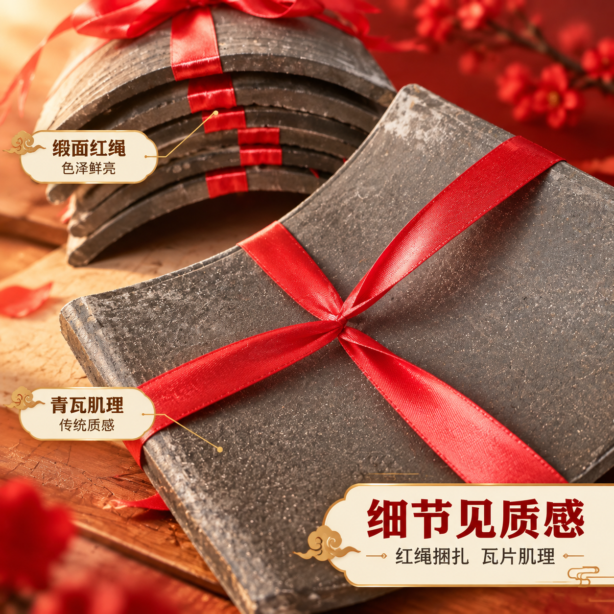 [商品] 使用【图3】瓦片捆红绳节庆桌面摆件；保留瓦片青灰色肌… - 图片创意预览