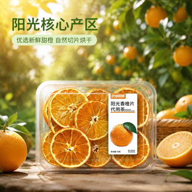 [主图-4] 原料产地展示
[氛围风格] 自然产地溯源，健康新鲜
[画质] 商业摄影质感、光线柔和通透、产品清晰真实、画面干净高级
[元素] 产品包装盒放置在前景，背景虚化融入橙子果园场景，透过树叶间预览效果