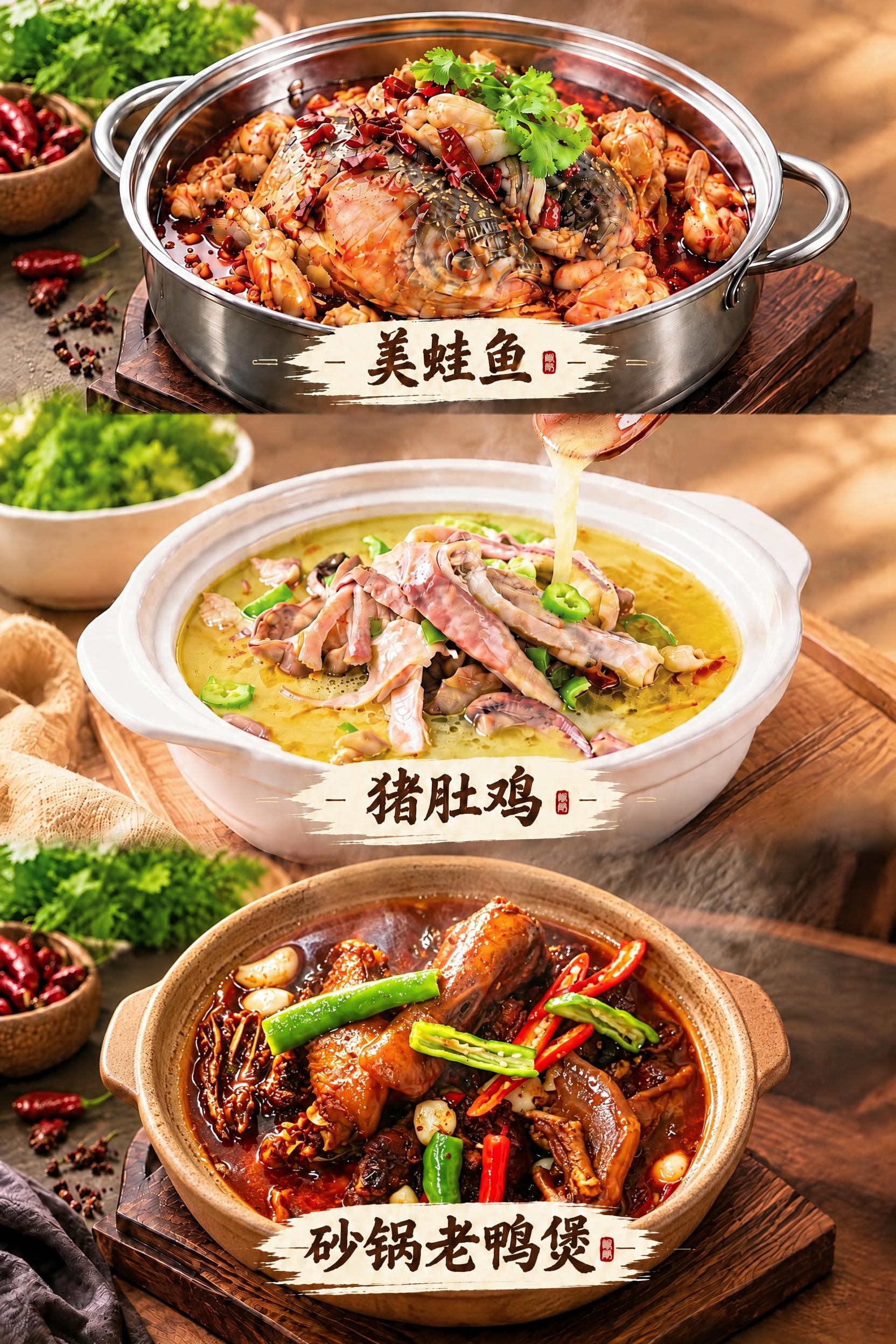 将图片最下方的砂锅老鸭煲菜品替换为第二张图中的老鸭煲样式：棕色… - 图片创意预览