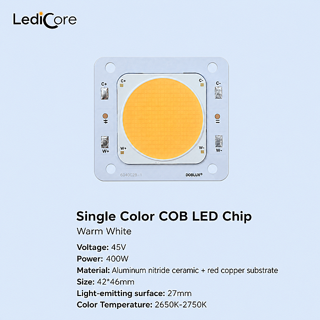 keep the same light blue background, same top-left logo, same text layout and content. Change from five LED chips to only ONE single COB LED chip in the center, clean e-commerce style, 1000x1000.
