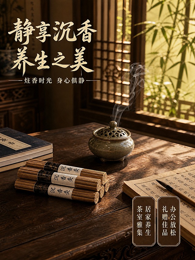 [主图-4] 使用场景体验 沉香灸中式书房使用场景 营造禅意养生氛围
[统一基调] 中式禅意古朴风格 暖棕褐色系为主色调 米白色辅助色 深棕色标题字 米白辅助字 金色强调色 书法体主标题 宋体说明文字 圆角印章式卖点标签 木质纹理边框元素 整体暖光柔和氛围
[画面] 中式古典书房场景 深色木质书桌上摆放着一捆沉香灸 旁边有古朴的陶瓷香炉 香炉中有轻烟袅袅升起 书桌一角有线装书和毛笔 背景是中式木格窗 窗外有竹影婆娑 暖黄色光线从窗外照入 整个场景宁静雅致 沉香灸产品放在书桌中央偏左位置 清晰可见 产品外观与参考图完全一致 占画面约30% 视角为略微俯视的场景视角
[光影质感] 场景摄影质感 自然光从右侧窗户射入 形成柔和的光影效果 书桌上有物件的自然投影 烟雾轻盈飘渺 整体暖黄色调 氛围宁静祥和 产品在场景中光影自然 无悬浮感
[配色] 整体暖棕色调 木质家具深棕色 陶瓷香炉青灰色 烟雾白色半透明 窗外竹影深绿色 暖黄色光线 产品原色融入场景
[文字版式] 画面左上角主标题静享沉香 养生之美 书法体 米白色 大字号 主标题下方小字一炷香时光 身心俱静 宋体 米白色 字号缩小60% 画面右下角有两个小卖点标签 竖排 棕底白字 分别写居家养生 茶室雅集 和 办公放松 礼赠佳品 文字不遮挡产品主体 放在画面负空间
[输出要求] 比例3:4 场景真实自然 产品清晰融入 氛围雅致 文字清晰 无变形 无错字 无模糊 无水印 无平台Logo 无人物面部