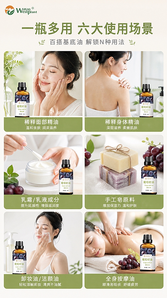 [第10张] 详情页六大使用场景 - 多场景应用展示。本张使用【图1】作为商品主体。
[氛围/风格] 实用种草风，自然清新，大品牌生活方式感，丰富有层次。
[元素布局] 画面采用2x3六格拼图布局，每格展示一个使用场景的氛围小图（面部护理、身体护理、乳霜调配、手工皂、卸妆、按摩）；每格内有产品小图融入场景；中央或顶部有主标题；整体色调统一为清新植萃色系。
[光影质感] 每个场景格内有独立的柔和自然光，整体明亮统一。
[配色色系] 全局底色 #F3F1EA（米杏色）；主色橄榄绿+葡萄紫；辅助色各场景有自然色调但整体统一。
[视角构图] 网格拼图布局，6个场景均等分布，阅读动线从上到下、从左到右。
[文字版式] 顶部主标题「一瓶多用 六大使用场景」，副标题「百搭基底油 解锁N种用法」。六个场景格分别标注：「稀释面部精油」「稀释身体精油」「乳霜/乳液成分」「手工皂原料」「卸妆油/洁颜油」「全身按摩油」。每个场景格底部有小字标签，字体清晰。
[比例分辨率] 9:16竖版比例，4K分辨率，文字清晰可辨。
[负向提示词] 产品变形，场景混乱，深色背景，水印，文字过小，人物面部不清晰。