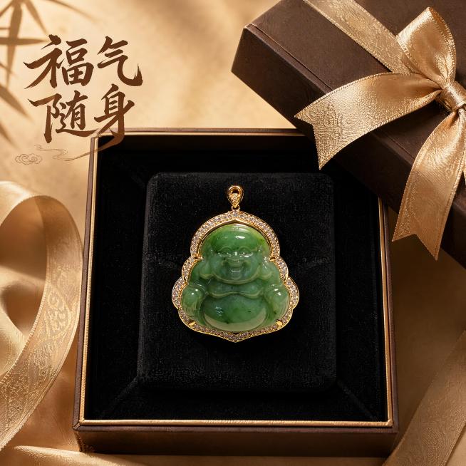 [主图-5] 和田玉碧玉大佛公吊坠礼赠场景展示图。
[氛围风格] 高级仪式感，送礼大气氛围。
[画质] 商业静物摄影，质感高级清晰。
[元素] 保持和田玉碧玉大佛公吊坠产品外观、结构、材质、颜色与输入预览效果