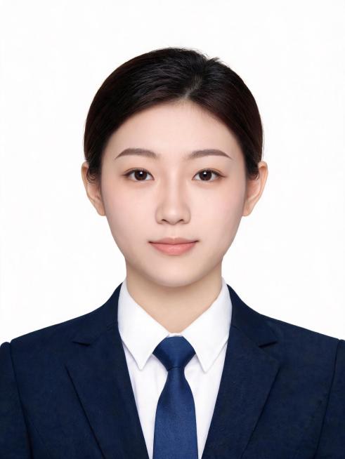 亚洲年轻女生，年龄20到30岁左右，正面免冠标准商务证件照，胸部以上胸像构图，人物居中端正，双肩平齐，平视镜头，表情自然平和，露出双耳与眉毛。身穿剪裁合身的藏青色正装西装外套，内搭挺括纯白色正装衬衫，预览效果