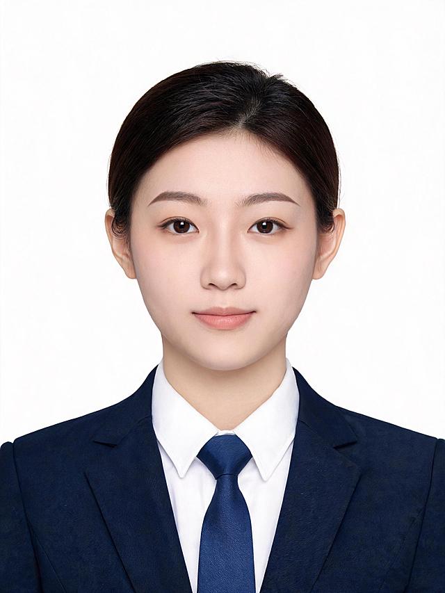 亚洲年轻女生，年龄20到30岁左右，正面免冠标准商务证件照，胸部以上胸像构图，人物居中端正，双肩平齐，平视镜头，表情自然平和，露出双耳与眉毛。身穿剪裁合身的藏青色正装西装外套，内搭挺括纯白色正装衬衫，系深蓝色简约商务领带，服装平整无杂乱褶皱；标准纯白色证件照背景，背景均匀纯净无杂色无阴影。专业影棚正面柔光布光，面部光影均匀通透，无生硬阴影与阴阳脸，肤色自然真实，轻微均匀肤色保留原生皮肤纹理，无过度磨皮；超写实摄影质感，300DPI 高清锐利，专业证件照标准，正式稳重，细节真实自然，不换脸、不变脸，仅优化精神状态，外貌特征与其他生成图不同