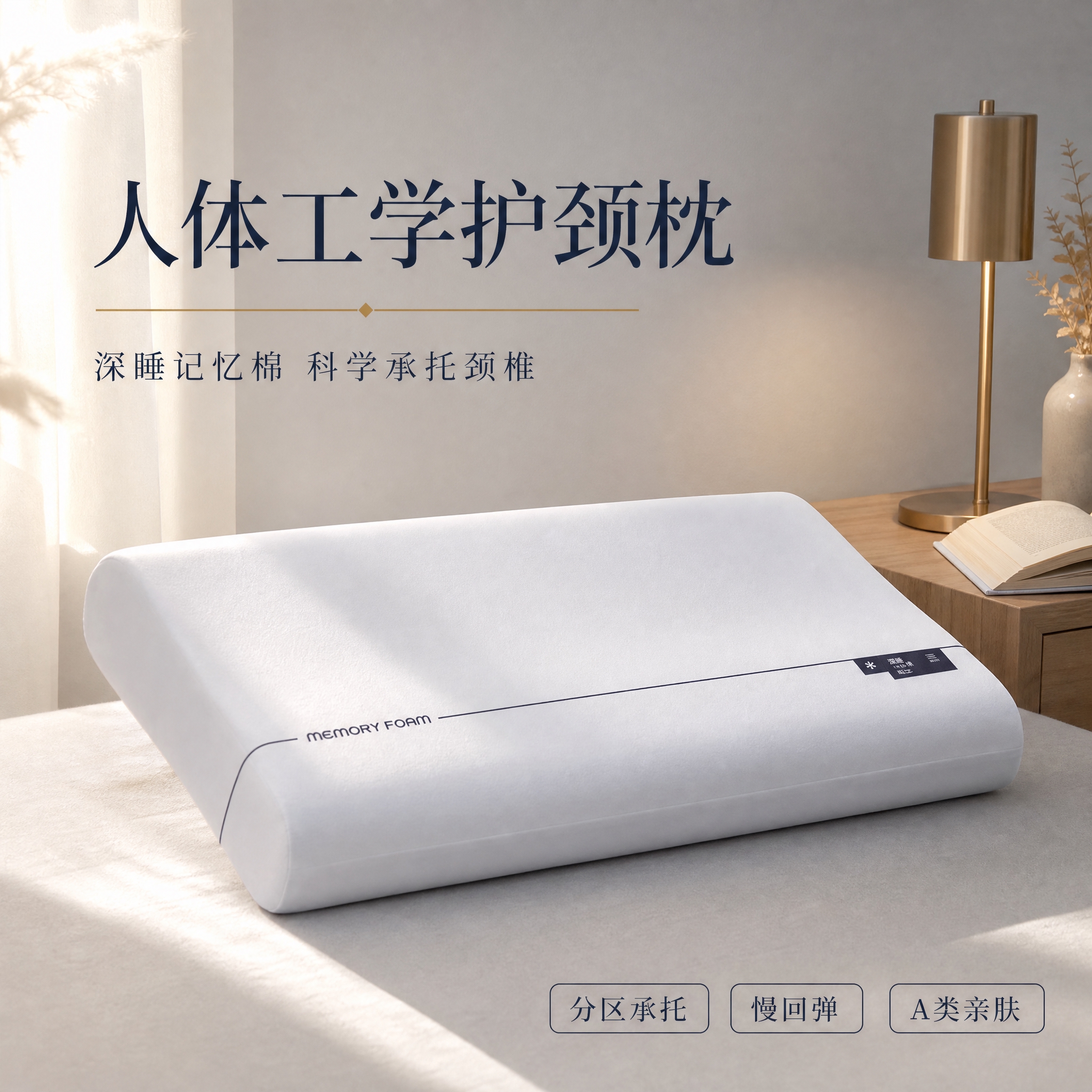 [主图-1] 人体工学护颈记忆枕主视觉氛围图，突出高级轻奢质感… - 图片创意预览