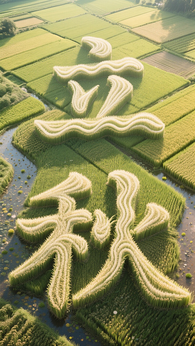 自然艺术文字景观，现代主义画面，俯拍透视感，巨大的俯视透视文字视角，一大片水稻田形成了“立秋”的，文字有抽象的波浪效果，与背景融合晕染而成，添加杂色，杂点，现代主义