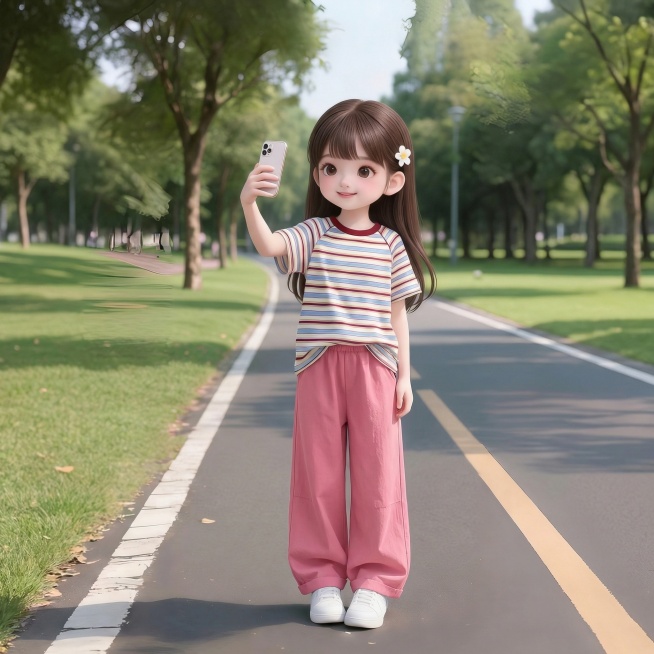 把图1的短袖和裤子给图的2的人物穿上，保留原场景光影，保持图2的人物的脸部和发型不变，人物风格不变，图片宽高尺寸不变，背景不变，鞋子不变，衣服不要扎在裤子里面，人物姿势不变，保持图1的短袖和裤子的款式预览效果