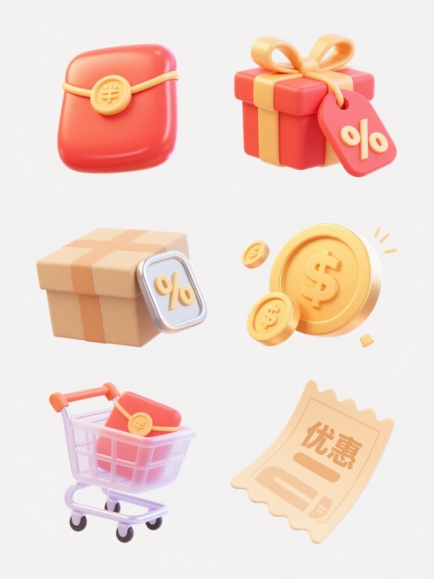 6个不同促销元素以整齐排列方式呈现，元素包括红包、礼盒、折扣标签、金币、购物车、优惠券，每个元素采用不同材质质感——红包为丝绸光泽、礼盒为哑光硬纸板、折扣标签为金属拉丝、金币为磨砂金、购物车为塑料半透明、优惠券为纸质纹理，整体风格统一为卡通插画风格，色彩鲜艳明快，每个元素带有轻微悬浮动态感和高光效果，背景为纯白色以突出元素，保持促销主题的喜庆与吸引力。预览效果