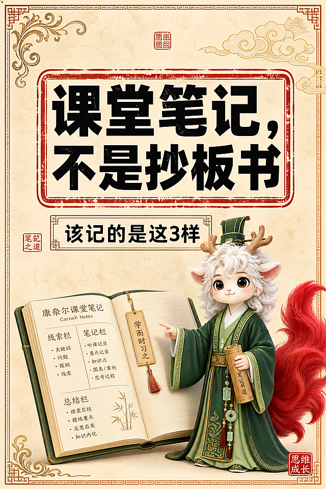 小红书笔记大字封面，配图大字，国风山海经风格，米黄色宣纸纹理背景、朱红色印章式标题框、黑色粗黑体标题字、回纹边框、祥云卷草纹边角装饰，整体典雅国风气韵。版式精美，小红书笔记封面质感，适合信息流点击。主标题必须完整呈现且为画面视觉中心，逐字锁定：「课堂笔记，不是抄板书」。主标题字号占画面约 30% 视觉权重，清晰可读，不得增删改字。副标题：「该记的是这3样」。背景：米黄色宣纸纹理纯色底，带轻微做旧质感。标题排版：黑色粗黑体，主标题置于朱红色印章式圆角矩形框内，白边描边。配图：画面下方展示一本打开的康奈尔课堂笔记本，鹿蜀小神兽（绿金古装，手持竹简，红尾巴）站在本子旁指着笔记，大小适中。装饰：右上角加祥云图案；左上角加卷草纹国风装饰；副标题用回纹细线框装饰；加少量国风印章小元素点缀。整体氛围：国风典雅、教育干货、反常识、引人好奇。画质：高清细腻，信息层级清晰，文字与背景强对比，所有文字完整处于安全区内不可裁切，四周留安全边距。图生图：【图1】= 鹿蜀小神兽全身像抠图，作为IP主体形象展示。画面比例 2:3，4K。