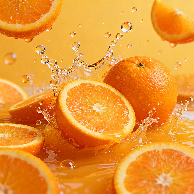 一张以橙汁为背景的海报设计，画面中充满了新鲜多汁的橙子，包含完整的橙子、被切成两半的橙子和切成薄片的橙片，橙子的橙色鲜艳饱满，表面光滑带有自然的纹理，橙汁从橙子中飞溅而出，形成晶莹剔透的水花和水珠，水花在空中呈现出动态的形态，水珠在光线照射下闪闪发光，充满活力和动感，整体色调以明亮的橙色为主，营造出清新、清爽、充满活力的氛围，让人感受到橙汁的新鲜和美味
