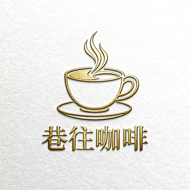现代欧式风格巷往咖啡logo，优雅贵气又潮流时尚，年轻清新的视觉调性，咖啡杯里升腾着细腻热气，融入独一无二的鎏金质感，线条精致简洁，兼具记忆点与识别度