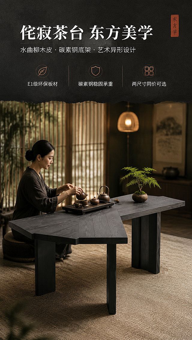 [商品] 使用【图1】DZ-8817茶台；保留异形不规则台面、三根粗壮立柱底架、深炭灰色水曲柳木皮纹理、碳素钢黑色底架结构与比例；商品处理：增强木皮纹理质感与碳素钢哑光喷涂质感，修复边缘瑕疵，不改变造型结构和颜色。
[画面] 目标：风格空间头图，建立东方侘寂高级茶室氛围。上文下景型，顶区约1/4深炭灰纸感文案底，下区3/4整屋茶室lifestyle大图。茶台置于画面中下部，占画面约55%，微侧视45°角。前景铺素色麻质地毯，中景茶台配紫砂茶具、茶盘、绿植小盆栽，后景虚化木质格栅窗与暖光吊灯，左侧一位亚洲中年女性侧身端坐泡茶，手部动作自然。阅读动线从上到下。
[视觉] 套系策略：风格=现代东方侘寂风商业摄影；标题字=宋体粗体（东方雅致）；正文字=简洁无衬线体；主色=深炭灰（接近产品色）；背景延展=基于深炭灰做深浅层级、同色渐变、纸纹/木纹质感；强调色=赭石暖棕，仅用于小面积图标、引线、标签和局部光效；标题色=米白；正文色=浅暖灰；组件=细线引线、圆角深色信息卡、中式印章式标签；光影=左前侧暖自然光+右侧环境补光，柔和阴影。
[文字] 顶区主标题「侘寂茶台 东方美学」，副标题「水曲柳木皮 · 碳素钢底架 · 艺术异形设计」，下方3条亮点：E1级环保板材 | 碳素钢稳固承重 | 两尺寸同价可选。文字横向排版，不遮挡茶台主体。
[规格] 淘宝/天猫详情页，单屏比例9:16竖版，分辨率4K，负向提示：避免变形、错字、文字过小、冷蓝背景、产品颜色改变、结构失真、极限词。