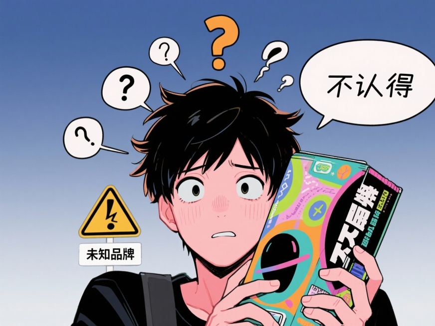 生成搞笑漫画风格图片，人物手持陌生品牌商品面露困惑，头顶问号和“不认得”气泡，商品包装有抽象符号，尺寸760x570像素。预览效果