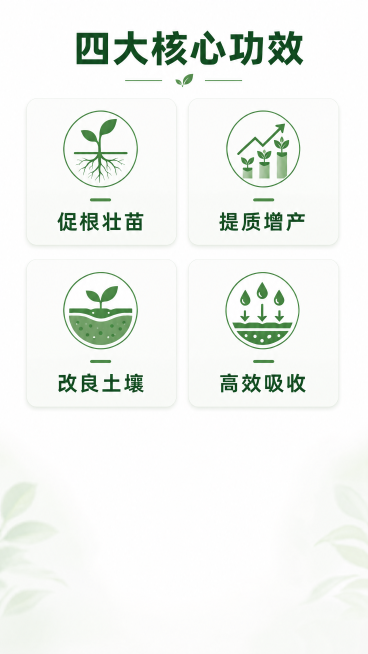 编辑这张图片，去掉底部的产品瓶子，保留顶部标题和上方的四个功效卡片，保持整体布局、文字、图标完全不变。去掉底部产品后，将底部背景填充为和原背景一致的浅绿渐变+浅绿叶纹理，保持整体风格统一，颜色一致，文预览效果