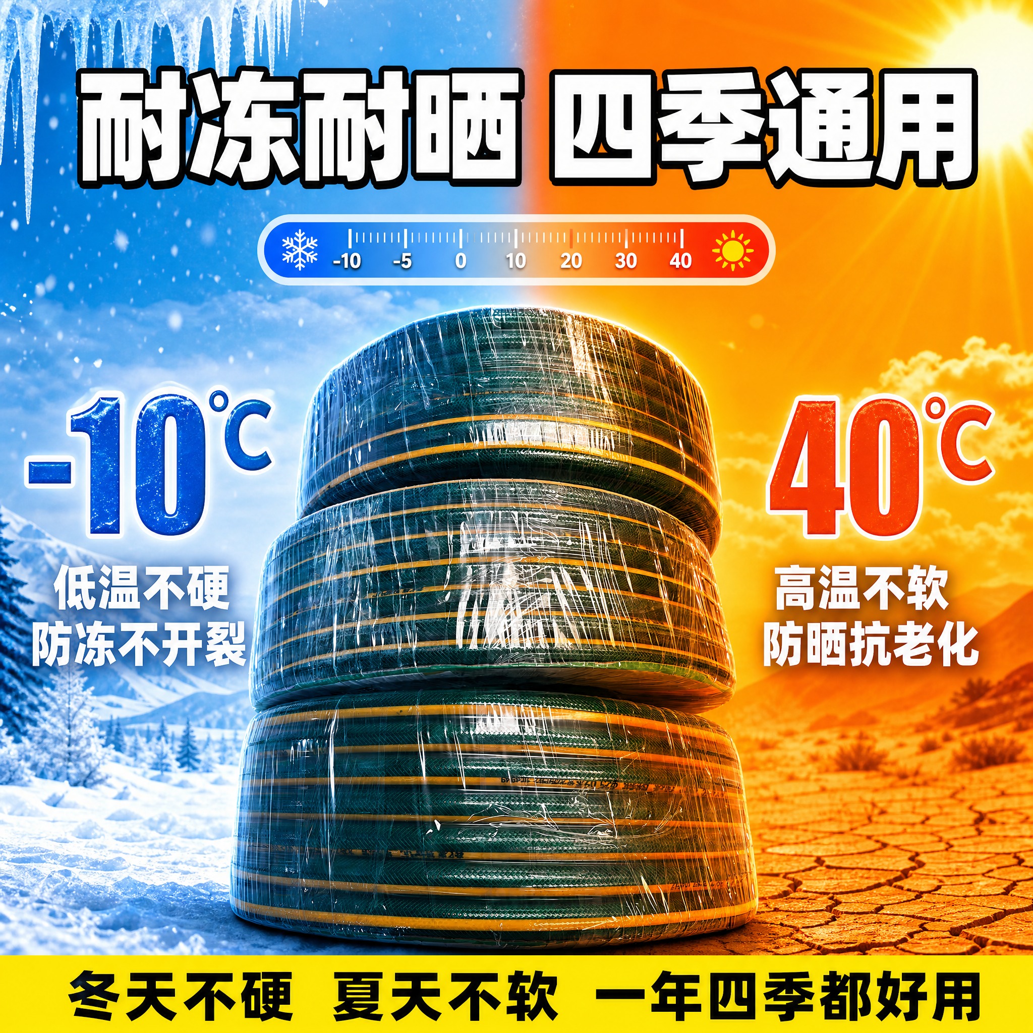 [主图-3] 耐候性卖点图，主题为防冻防晒耐温差，展示水管四季… - 图片创意预览