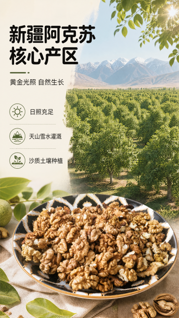 [第2屏] 新疆阿克苏185核桃产地优势展示屏。
[氛围/风格] 原生态自然风，浅绿梯田背景，清新阳光，农业风光摄影质感，突出产地先天优势。
[元素布局] 上半部分为新疆阿克苏天山脚下核桃种植园航拍实预览效果