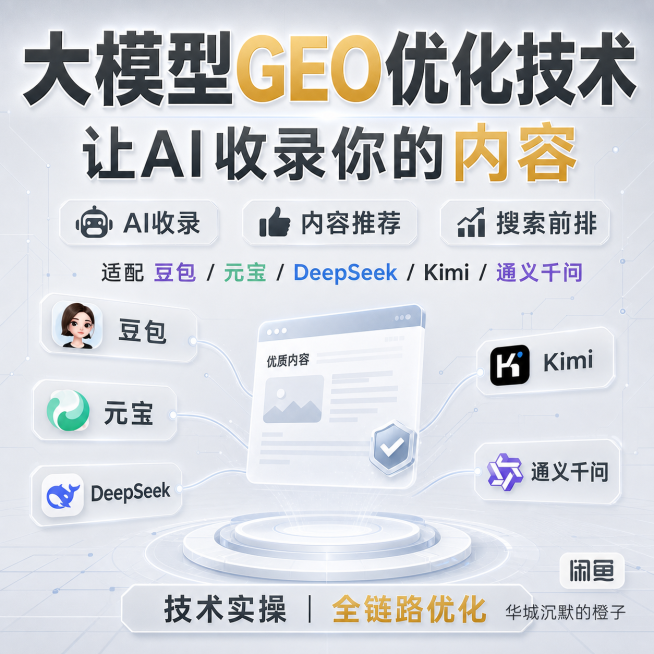 将这张大模型GEO优化技术宣传海报改为极简科技风风格，保留所有文字内容和排版结构，更换整体视觉为简约浅灰科技背景预览效果