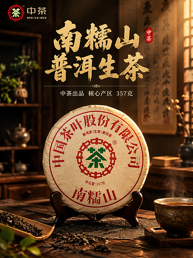 [主图-1 750x1000] 首图点击率：中茶南糯山普洱生茶饼沉浸式氛围感竖版主图，抖音3:4比例。更换背景为古雅茶室竖版场景，添加营销文案。
[统一基调] 沉浸式氛围感国风高级风格，深棕木色+暖金色为主色调，背景为暗调古雅茶室场景，暖调侧逆光营造茶饼温润质感，标题字色为暖金色，辅助文案为米白色，强调色为朱红色，字体为厚重国风书法体+细宋体辅助，整体高级有禅意。
[画面] 茶饼放置在画面中部偏下，完整正面展示，占画面约45%，茶饼下方有深棕色实木茶架承托，放置在深色实木茶桌上。茶饼周围散落几片干茶叶、一把竹制茶则、一只粗陶茶杯冒着淡淡热气。上方背景为虚化的中式博古架与悬挂的书法卷轴，营造沉浸式品茶氛围。左上角放置中茶品牌Logo（与原图一致）。
[光影质感] 暖调侧逆光从右上方打下来，茶饼边缘有金色轮廓光，茶饼纸面纹理清晰可见，有自然的褶皱质感，茶桌上有柔和的接触阴影，整体暗调亮主体，电影级氛围感，竖构图上下层次丰富。
[配色] 深棕木色背景+暖金色高光+朱红色印章点缀+米白文字，整体暖调沉稳。
[文字版式] 画面上方主标题「南糯山 普洱生茶」暖金书法大字横排居中，下方小字「中茶出品 核心产区 357克」细宋体米白色，标题下方有一条细细的金色分隔线。
[输出要求] 3:4竖版比例，文字清晰锐利，产品完整清晰，无变形错字，无水印无平台Logo，沉浸式高级氛围感，适合抖音主图。