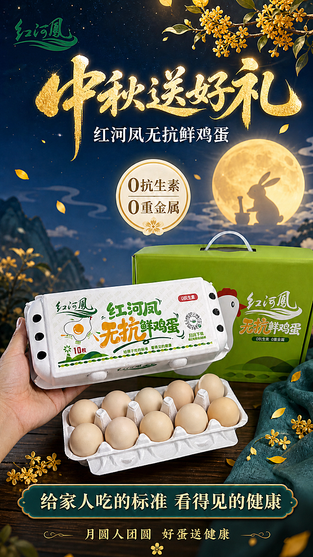 将这张中秋礼盒竖版宣传图中的所有「红河凤」logo（包括左上角圆形白底logo等）替换为用户提供的新版logo：墨绿色书法体「红河凤」三字+下方波浪图形，深绿色，干净清晰，无圆形白底框。其余所有画面元素（手持蛋托、礼盒、圆月玉兔桂花、标题文字、配色、比例）完全保持原样。