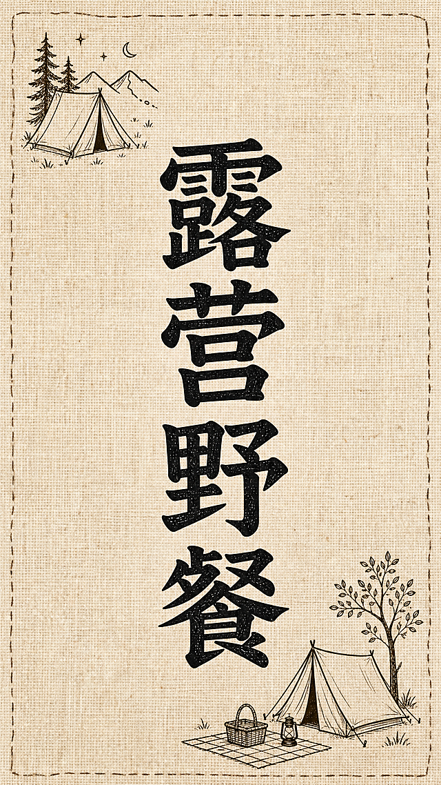 竖版露营条幅，文字“露营野餐”竖向排版，棉麻布料，暖米色底黑色文字，角落点缀小帐篷图案，适合制作