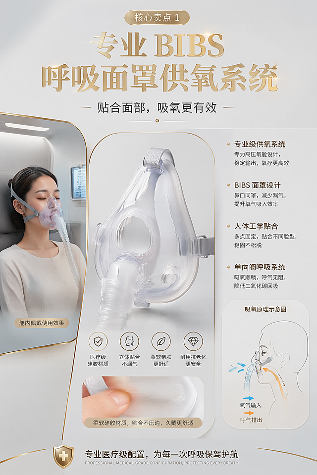 第4屏核心卖点1，主标题：专业 BIBS 呼吸面罩供氧系统，副标题：贴合面部，吸氧更有效；画面阶梯错落排版，中间放大 BIBS 面罩实物特写，左侧放置氧舱舱内佩戴使用模拟效果图，右侧分点文字说明系统优势；背景浅灰哑光轻奢底色，搭配细鎏金线条分割图文；设计强调产品细节特写清晰度，面罩硅胶柔软肌理可视化，搭配简约人体线条示意图展示吸氧原理，文字层级分明，主标题鎏金烫金特效突出，2:3竖版