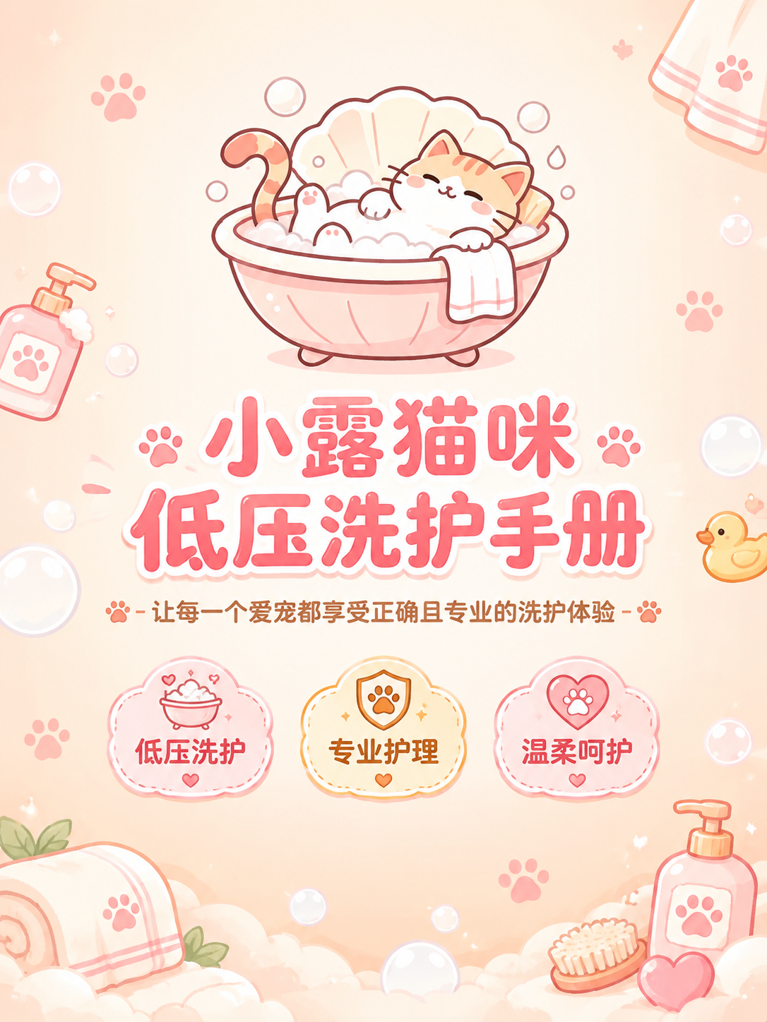 一张温馨治愈的猫咪洗护手册封面，竖版3:4比例。画面顶部居中放… - 图片创意预览